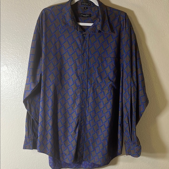 Vintage men’s Dior Blue and Purple Casual Button Down Shirt with Textured Design - Picture 1 of 13